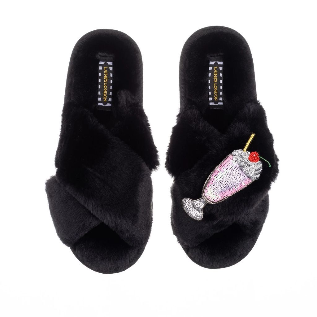 LAINES LONDON - Classic Laines Black Slippers With Deluxe Milkshake Brooch