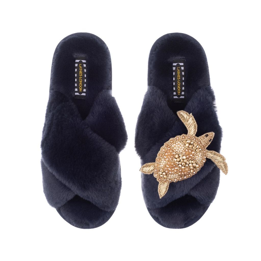 LAINES LONDON - Classic Laines Navy Blue Slippers With Artisan Gold Turtle (Blue)