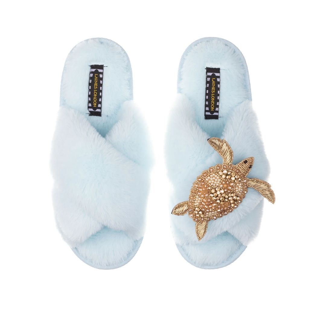 LAINES LONDON - Classic Laines Powder Blue Slippers With Artisan Gold Turtle (Blue)