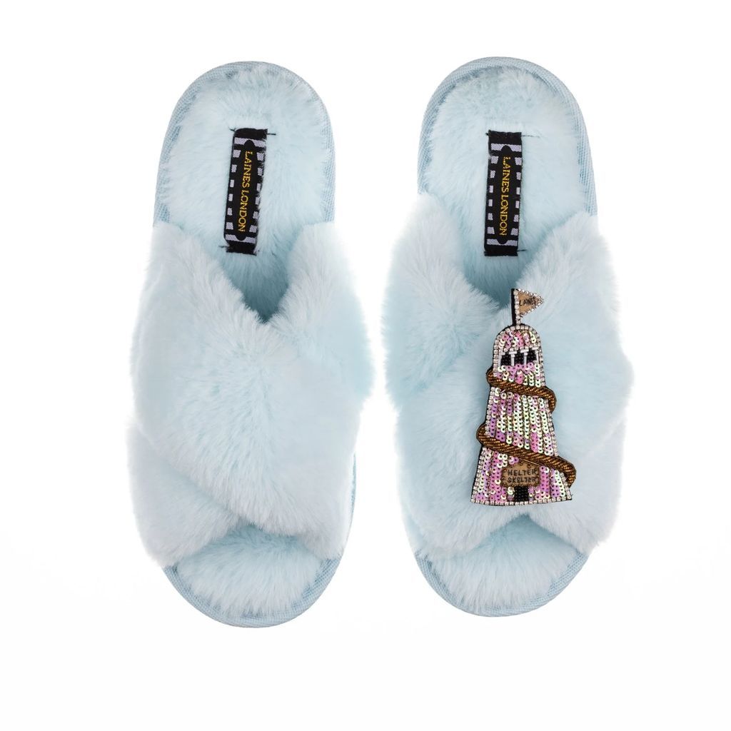 LAINES LONDON - Classic Laines Powder Blue Slippers With Premium Helta Skelta Brooch
