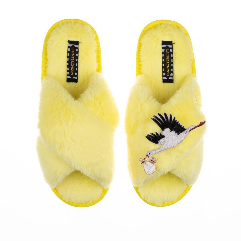 LAINES LONDON - Classic Laines Lemon Slippers With Premium Baby Stork Brooch