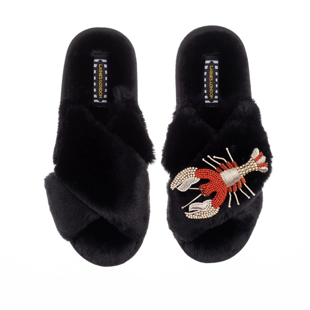 LAINES LONDON - Classic Laines Slippers With Premium Red Lobster Brooch - Black
