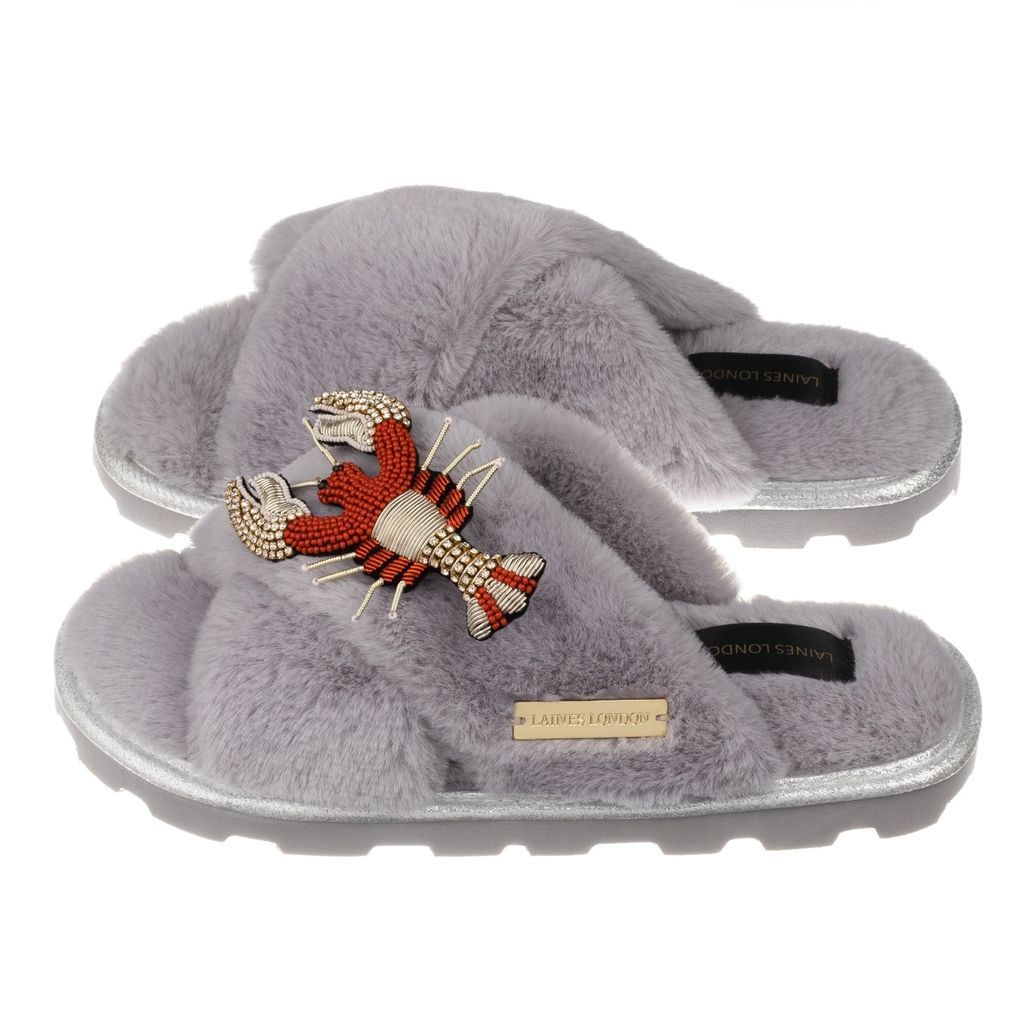 LAINES LONDON - Ultralight Chic Grey Slippers / Sliders With Premium Deluxe Red Lobster Brooch