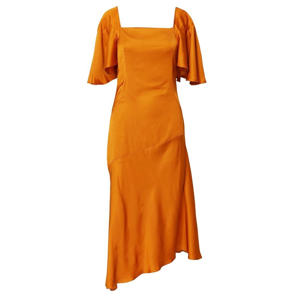 DALB - Phoenix Orange Midi Dress With Pleated Sleeves