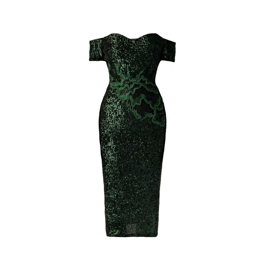 Divalukky - Sequin Off The Shoulder Midi Bodycon Dress With Beaded Waist Feature In Green.