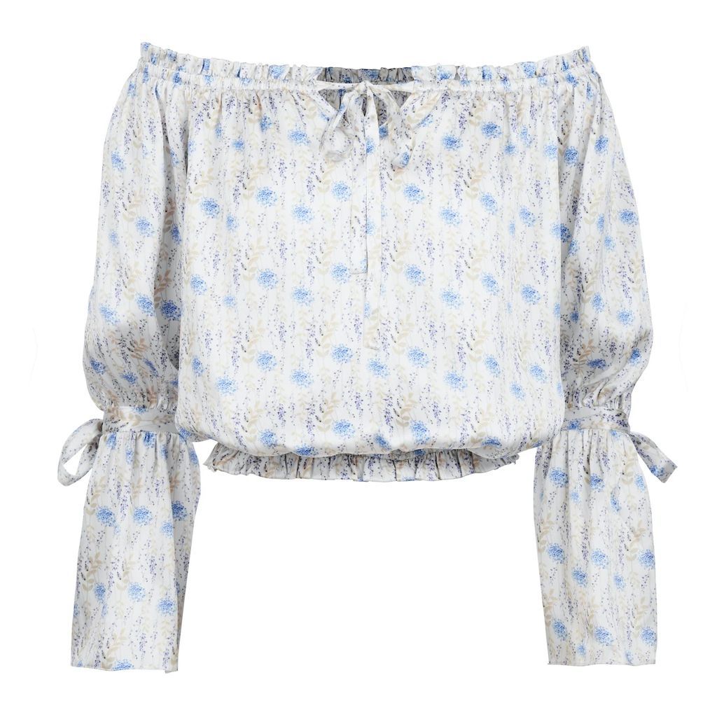 Modallica - Ivy Off The Shoulder 100% Organic Peace Silk Blouse With Blue Flowers