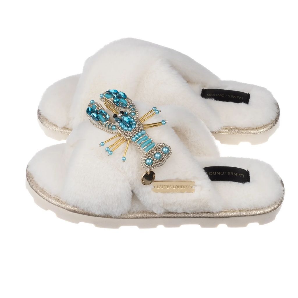LAINES LONDON - Ultralight Chic Cream Slippers Sliders With Artisan Blue Lobster Brooch