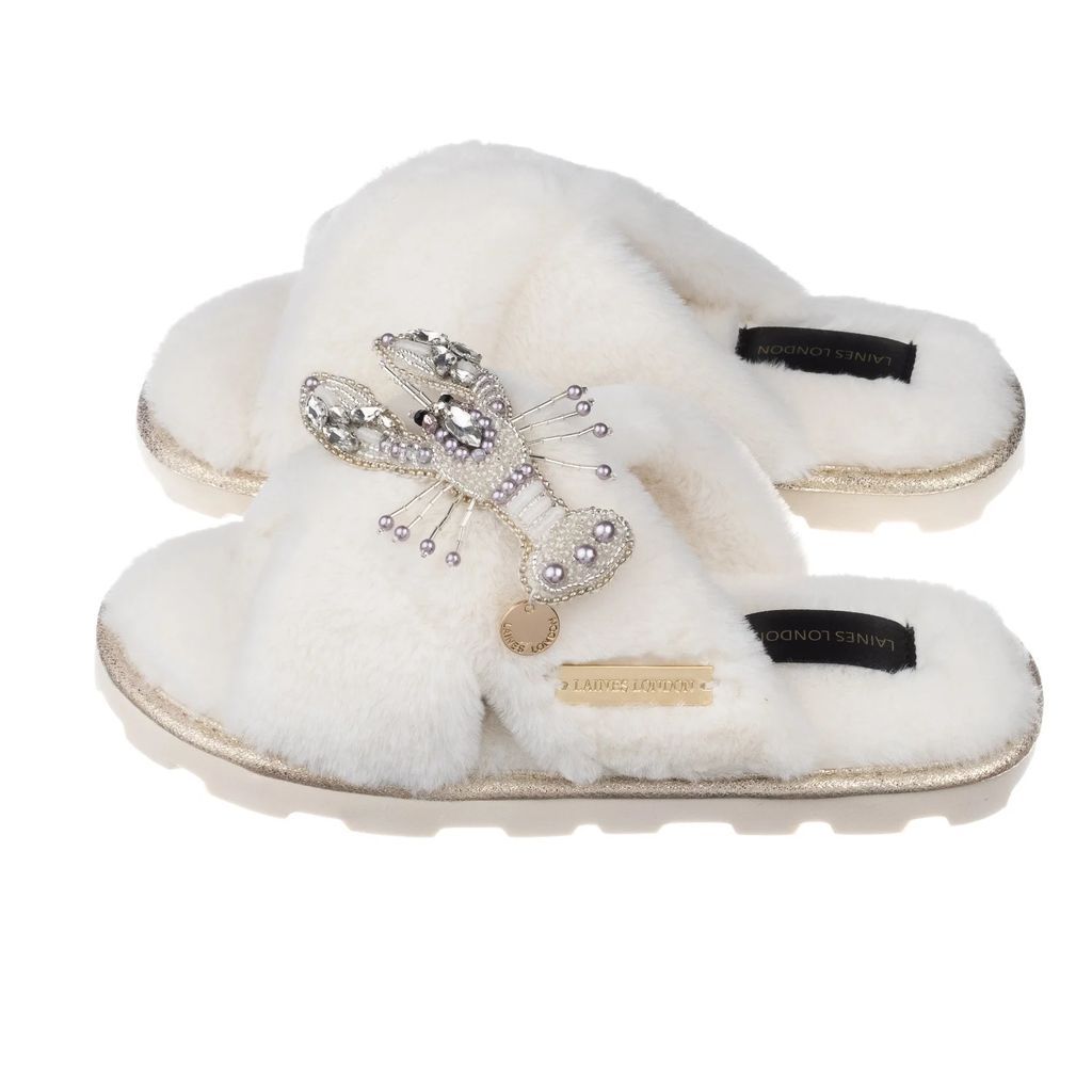 LAINES LONDON - Ultralight Chic Cream Slippers - Sliders With Artisan Pearl & Silver Lobster Brooch