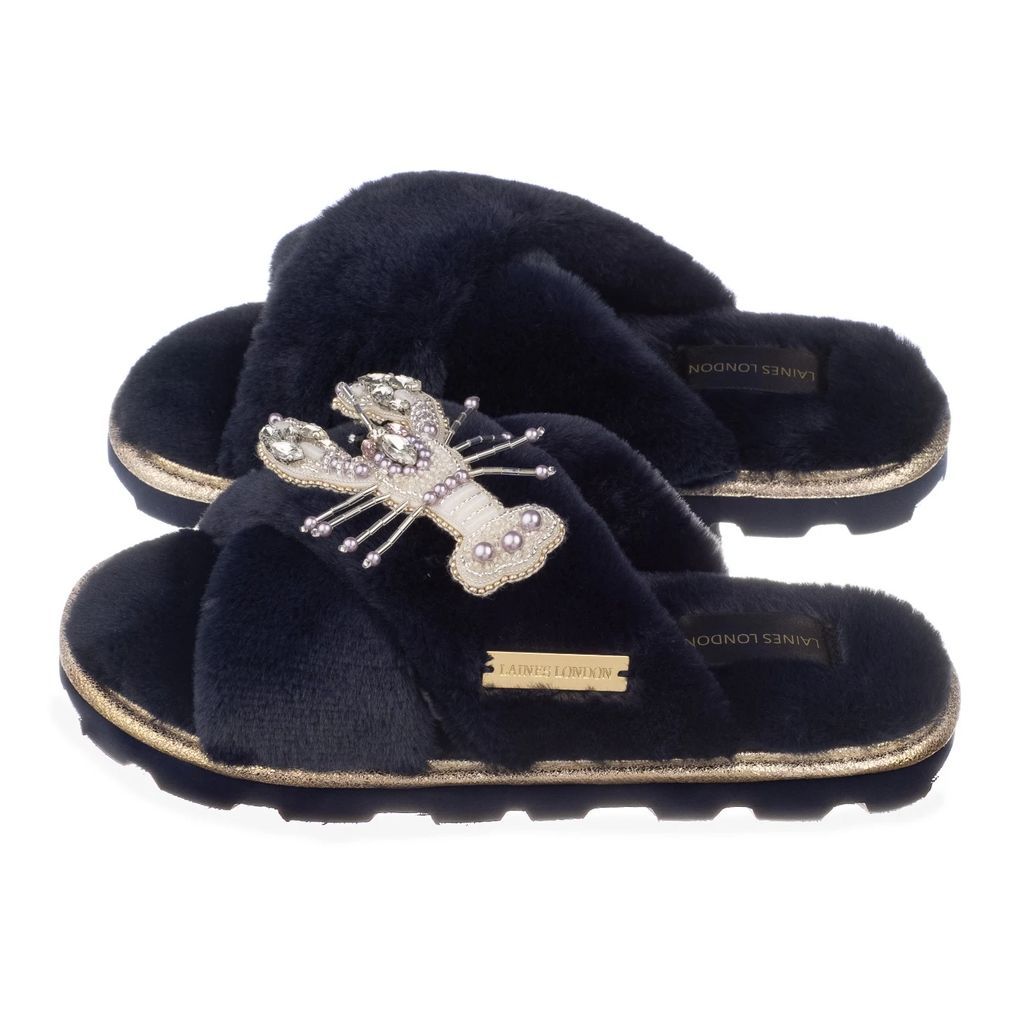 LAINES LONDON - Ultralight Chic Navy Slipper Sliders With Artisan Pearl & Silver Lobster Brooch