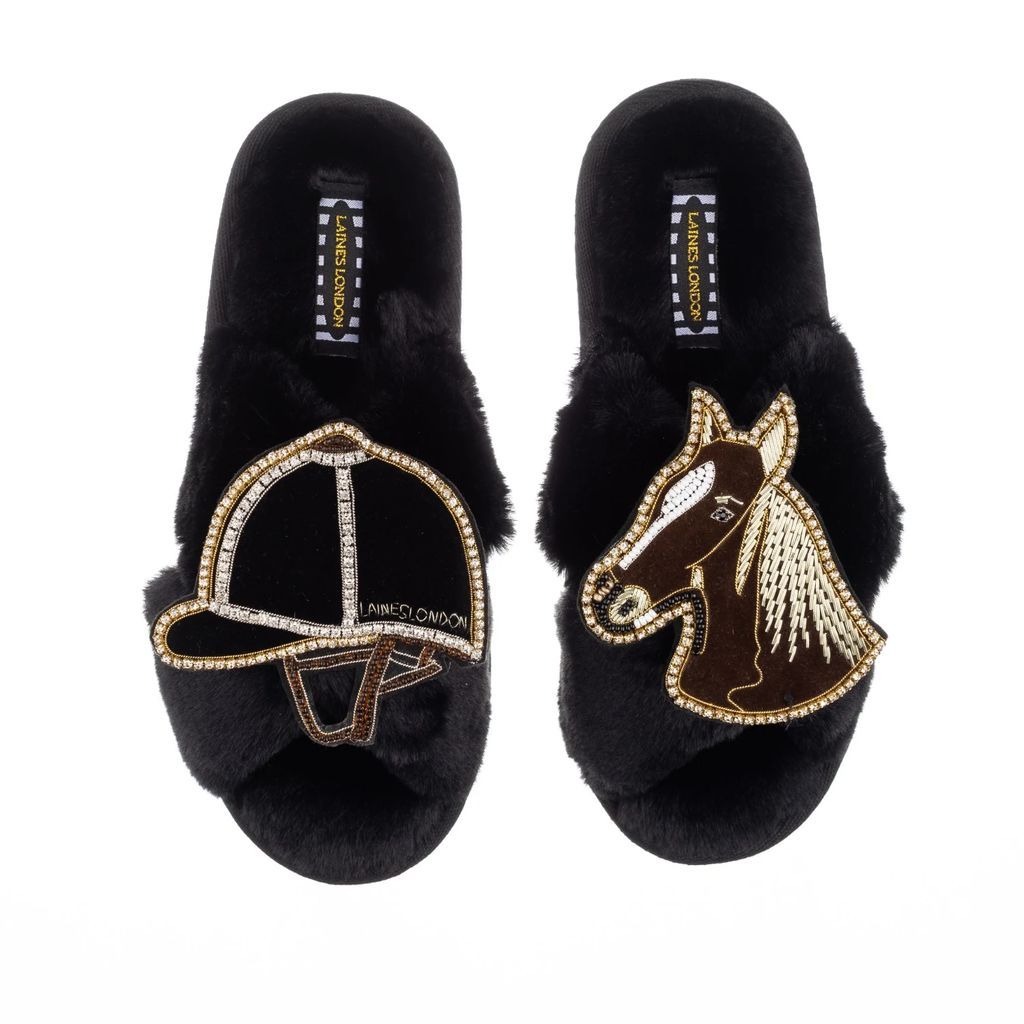 LAINES LONDON - Classic Laines Black Slippers With Double Deluxe Riding Hat & Brown Horse Brooches