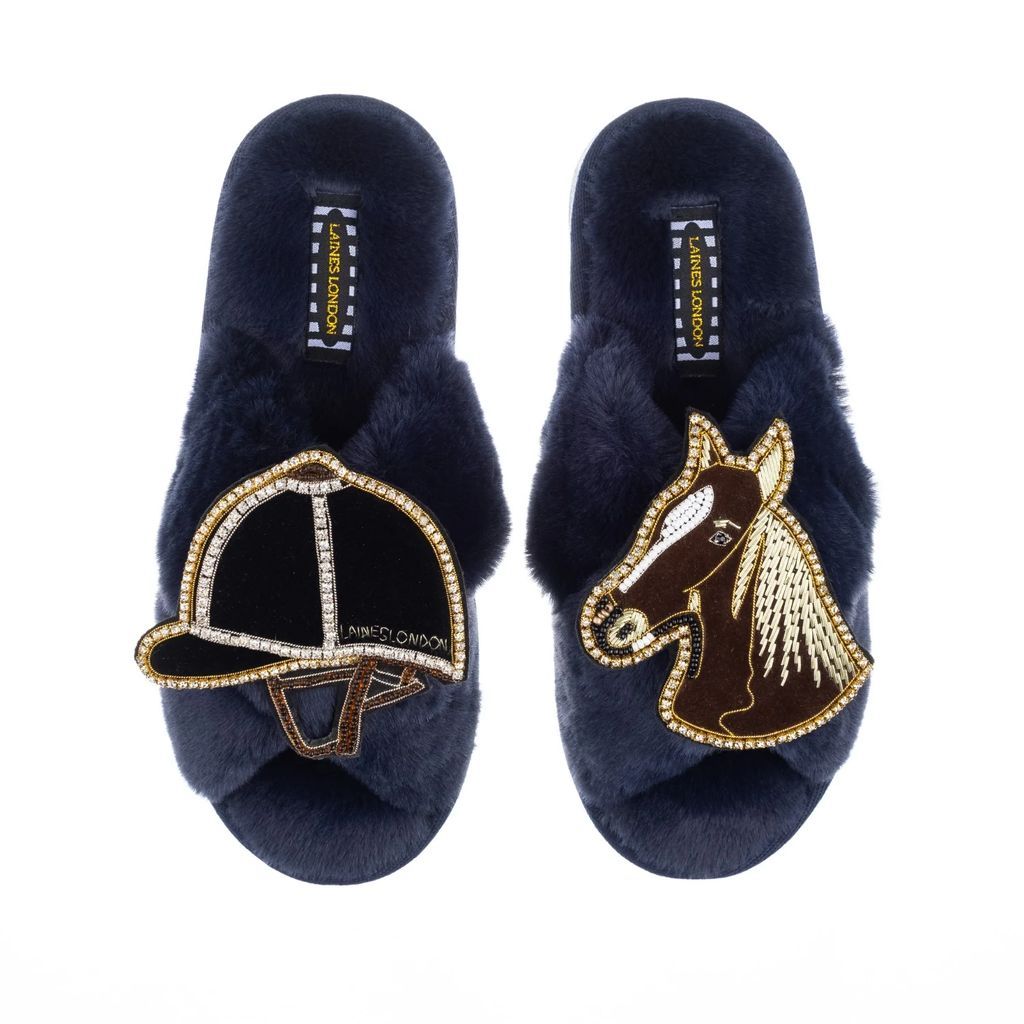 LAINES LONDON - Classic Laines Navy Slippers With Double Deluxe Riding Hat & Brown Horse Brooches