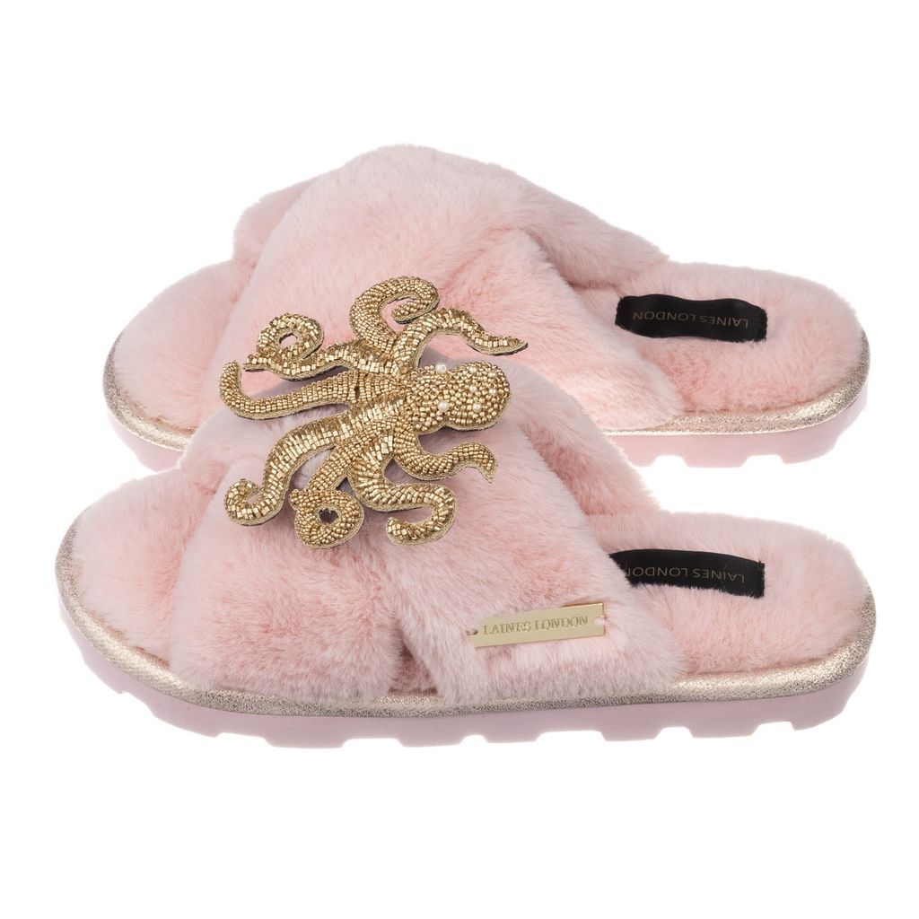 LAINES LONDON - Ultralight Pink Chic Slipper Sliders With Artisan Gold Octopus