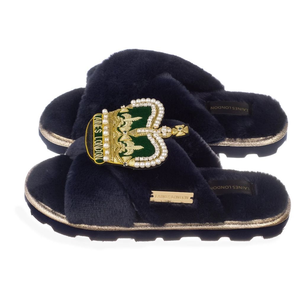 LAINES LONDON - Ultralight Chic Navy Slippers / Sliders With Deluxe Artisan Green Crown Brooch