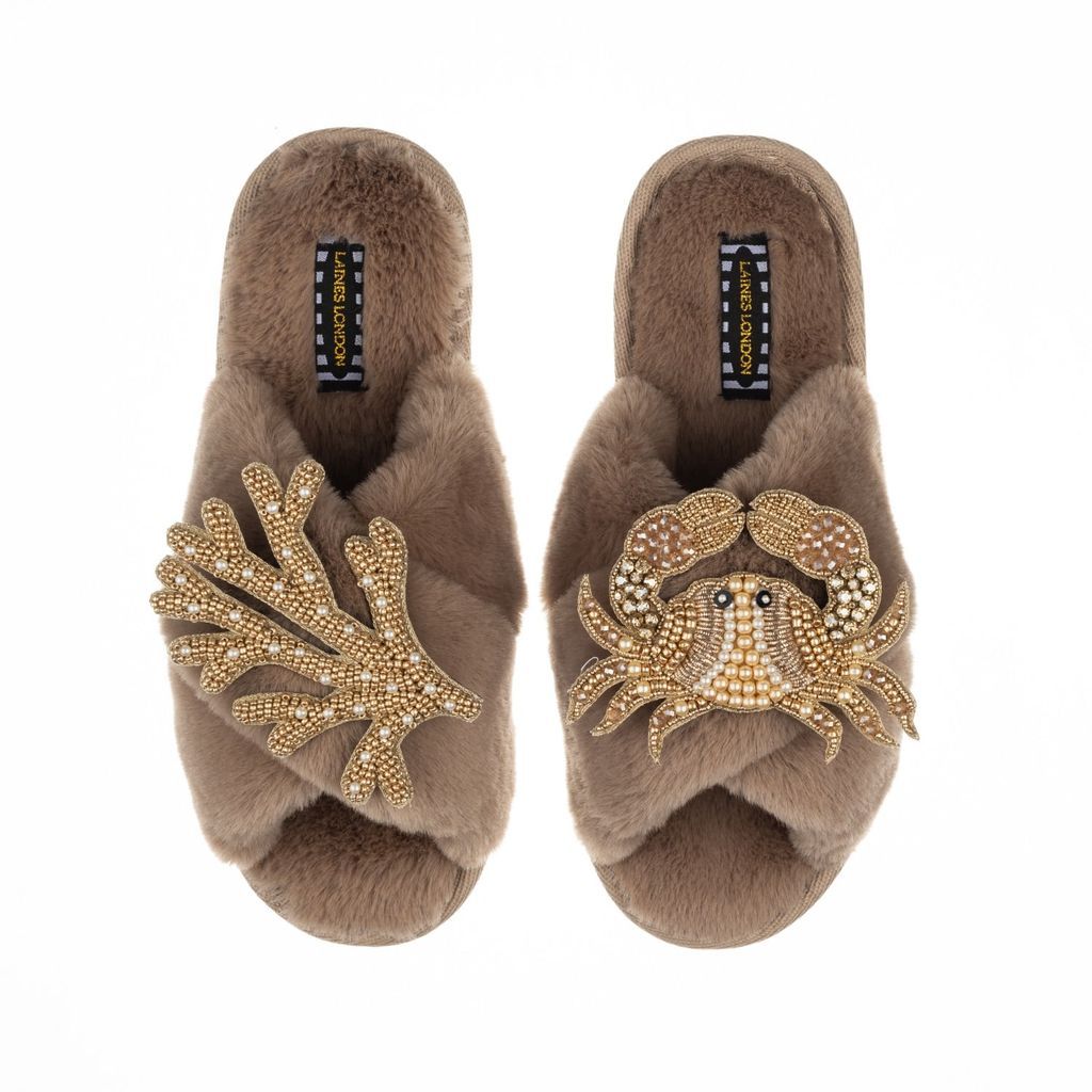 LAINES LONDON - Classic Laines Slippers With Double Artisan Gold Coral & Crab - Toffee