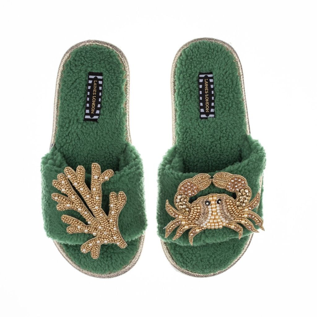 LAINES LONDON - Teddy Towelling Slipper Sliders With Artisan Gold Crab & Coral Brooches - Emerald Green
