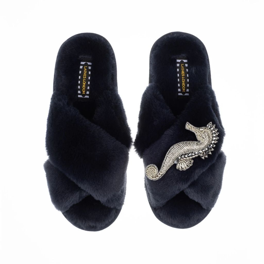 LAINES LONDON - Classic Laines Slippers With Artisan Silver Seahorse - Navy