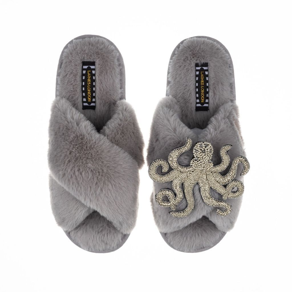 LAINES LONDON - Classic Laines Slippers With Artisan Silver Octopus - Grey