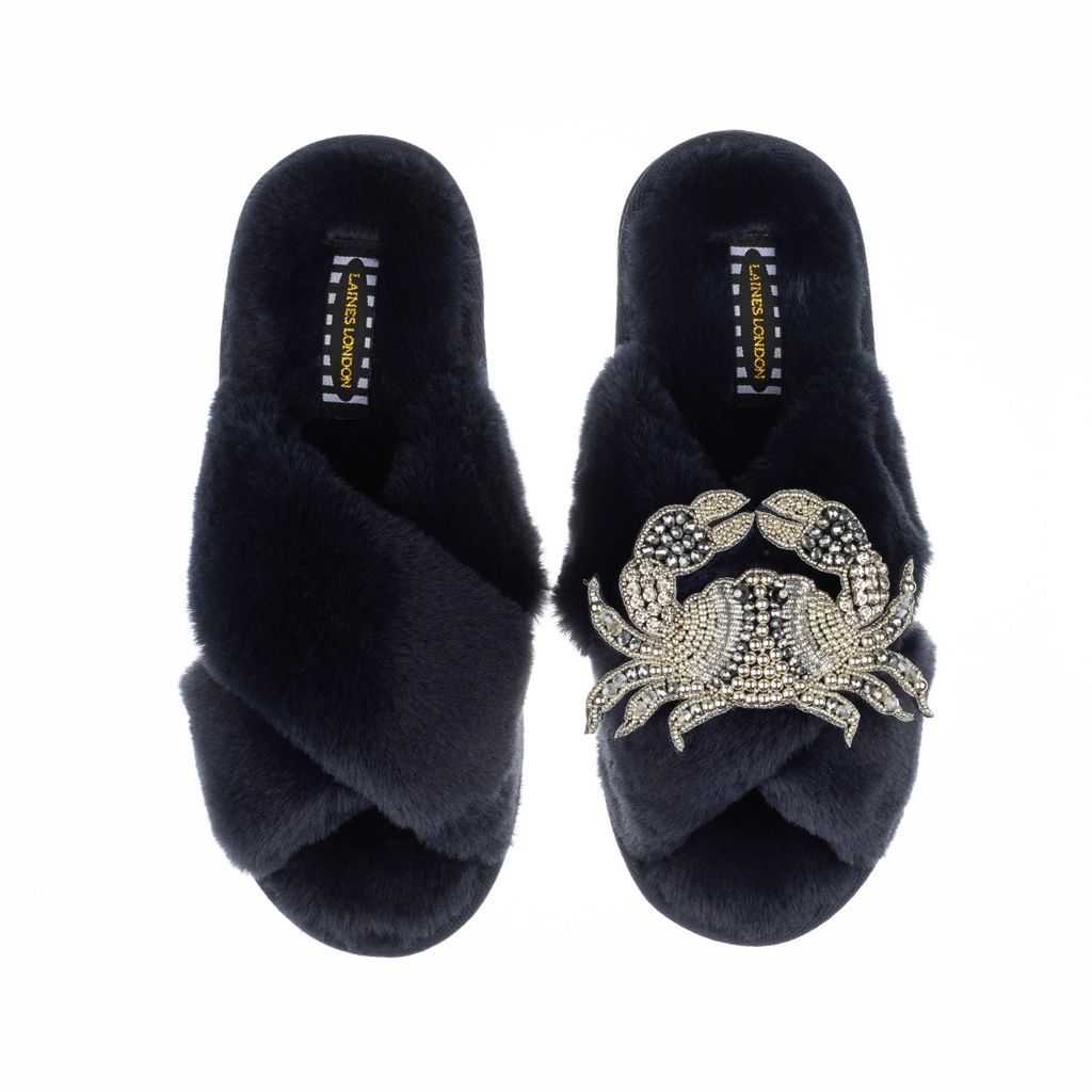 LAINES LONDON - Classic Laines Slippers With Artisan Silver Crab - Navy