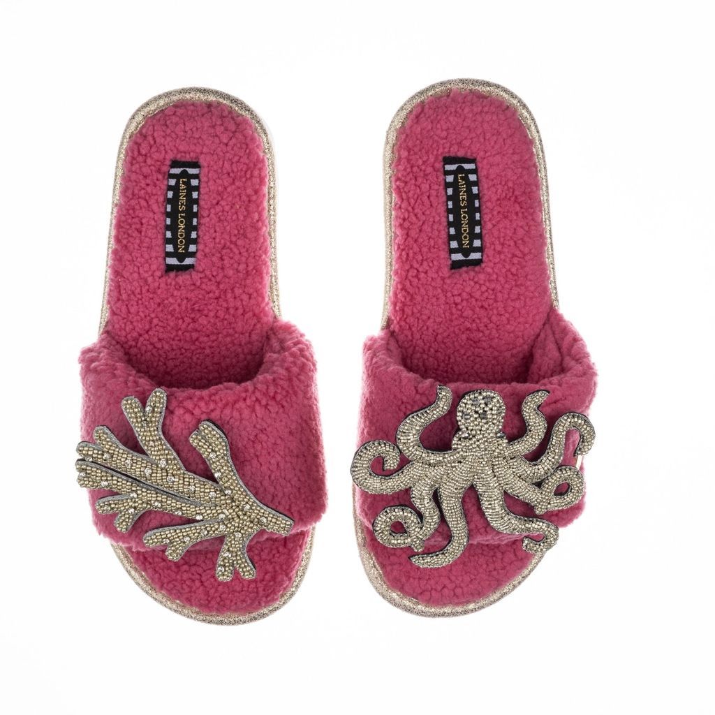LAINES LONDON - Teddy Towelling Slipper Sliders With Artisan Silver Octopus & Coral Brooches - Raspberry