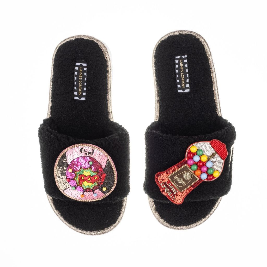 LAINES LONDON - Teddy Towelling Slipper Sliders With Deluxe Artisan Retro Gumball & Bubble-Gum Pop Brooches - Black