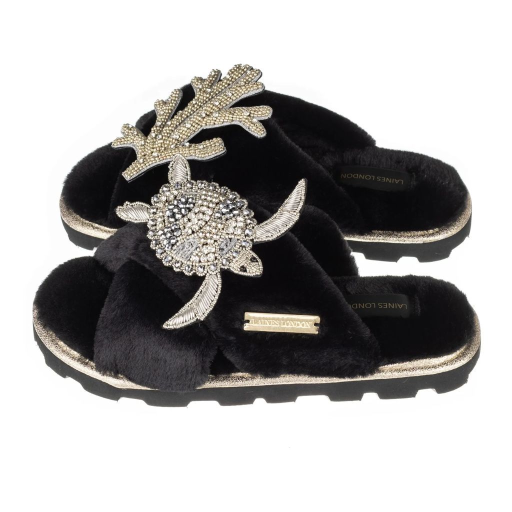 LAINES LONDON - Ultralight Chic Slipper Sliders With Artisan Silver Turtle & Coral - Black