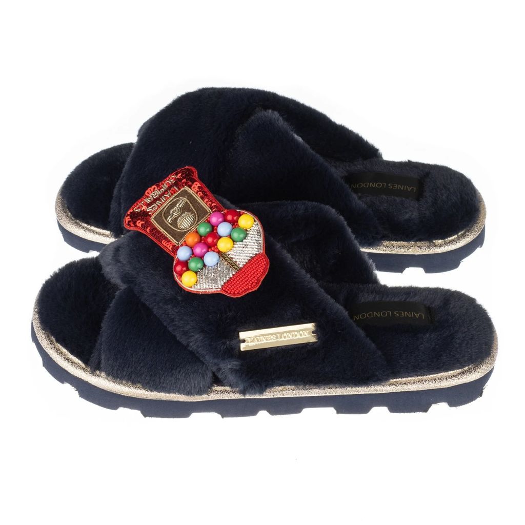 LAINES LONDON - Ultralight Chic Slipper Sliders With Deluxe Retro Gumball Brooch - Navy
