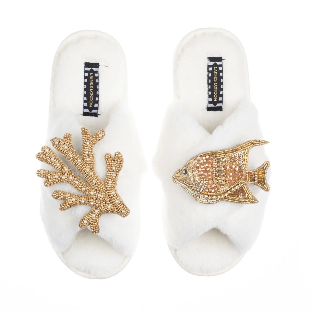 LAINES LONDON - Classic Laines Slippers With Artisan Golden Angelfish & Coral Brooches - Cream