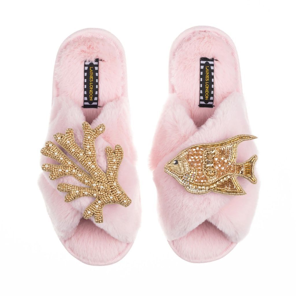 LAINES LONDON - Classic Laines Slippers With Artisan Golden Angelfish & Coral Brooch - Pink