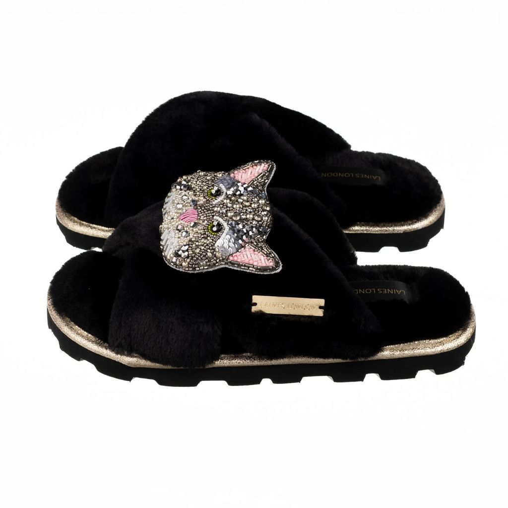 LAINES LONDON - Ultralight Chic Laines Slipper Sliders With Luna Cat Brooch - Black