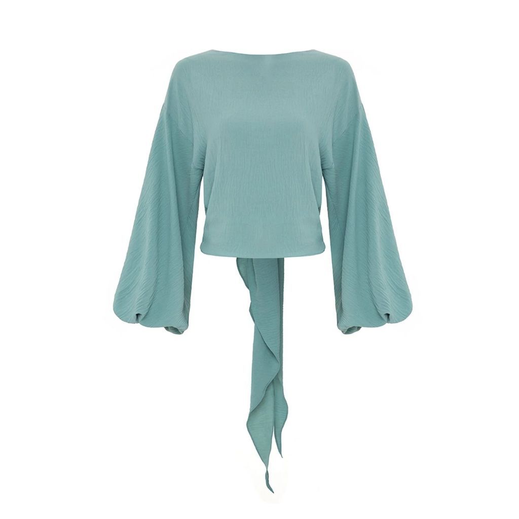 Azzalia - Long And Puffy Sleeves Top With Low Bow In Jade