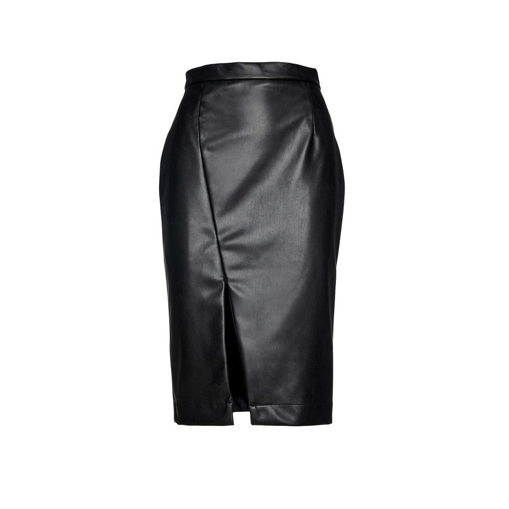 Conquista - Black Faux Leather Pencil Skirt Front Slit