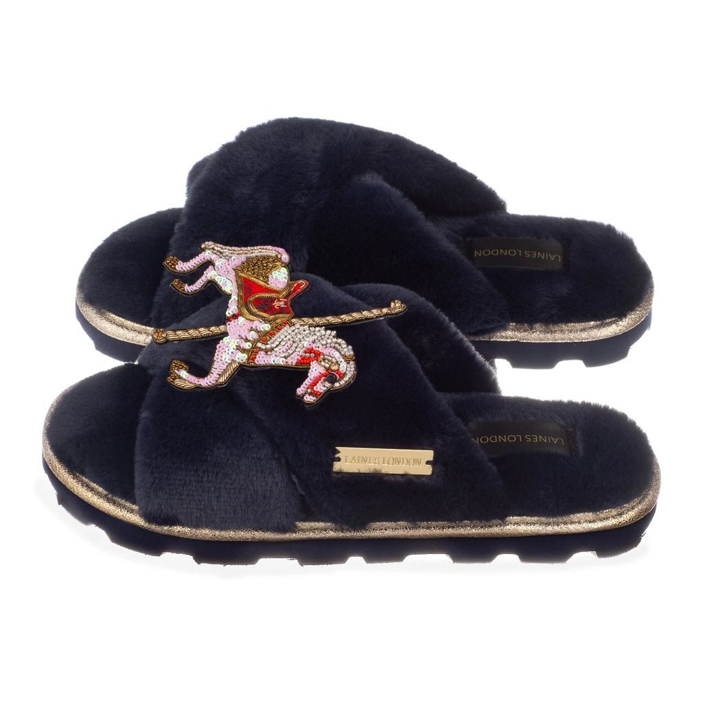 LAINES LONDON - Ultralight Navy Chic Slipper Sliders With Premium Deluxe Carousel Brooch