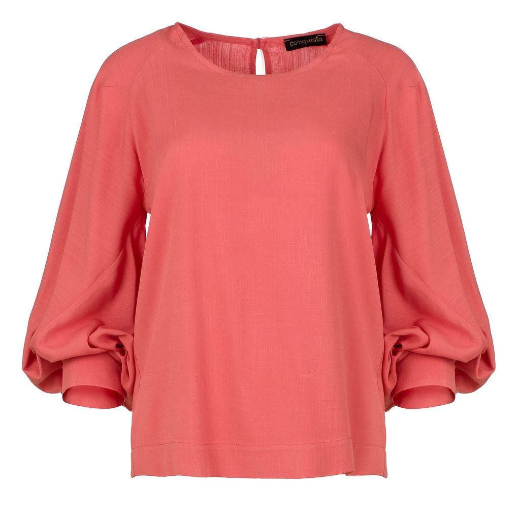 Conquista - Coral Linen Top With Bishop Sleeves
