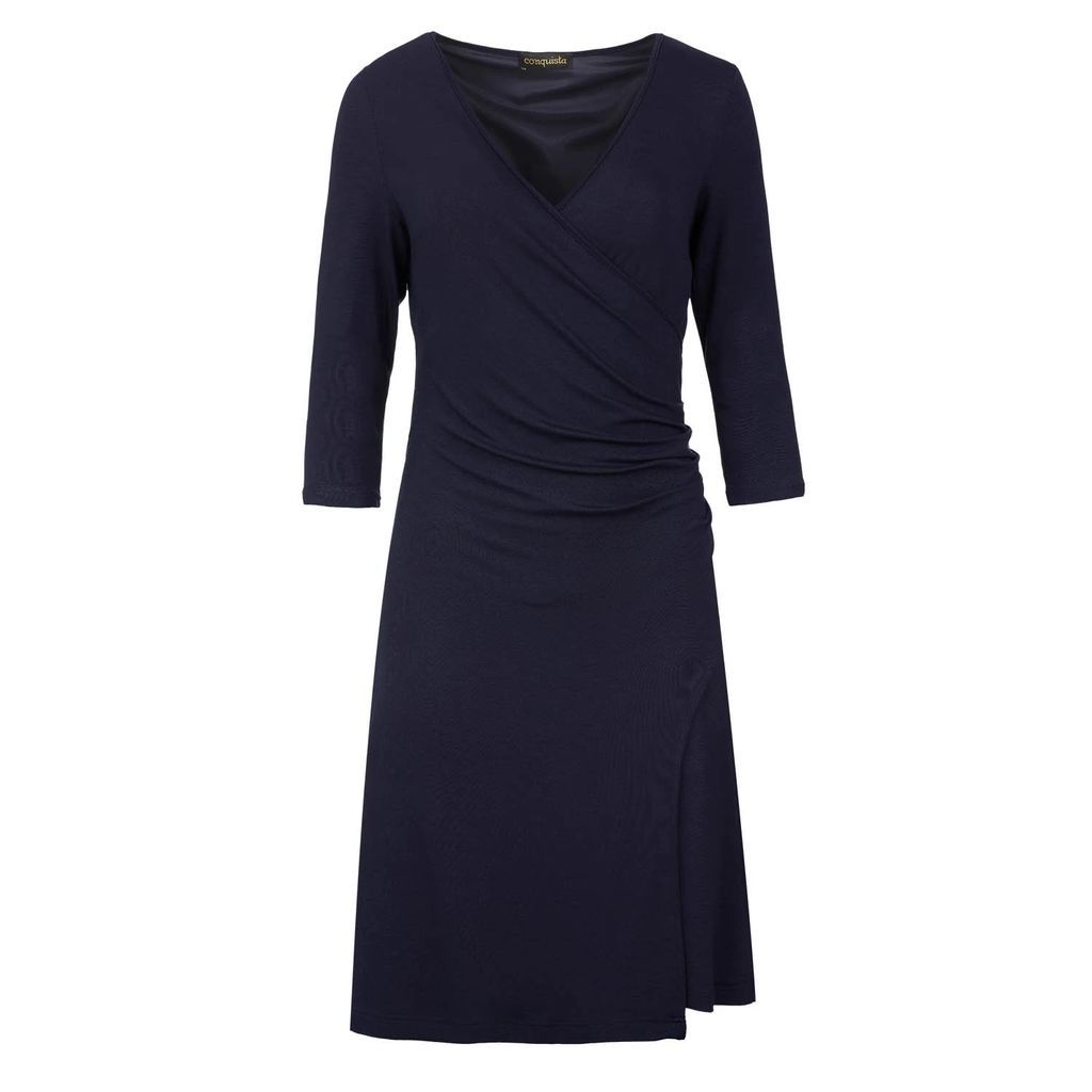 Conquista - Navy Blue Faux Wrap Dress In Sustainable Fabric