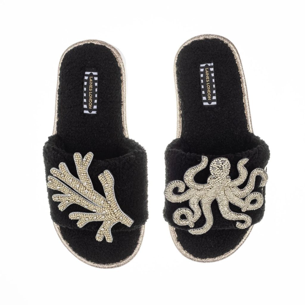 LAINES LONDON - Teddy Towelling Slipper Sliders With Artisan Silver Octopus & Coral Brooches - Black