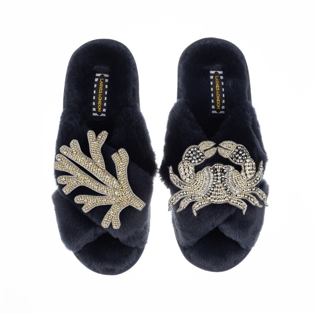 LAINES LONDON - Classic Laines Slippers With Double Artisan Silver Coral & Crab - Navy