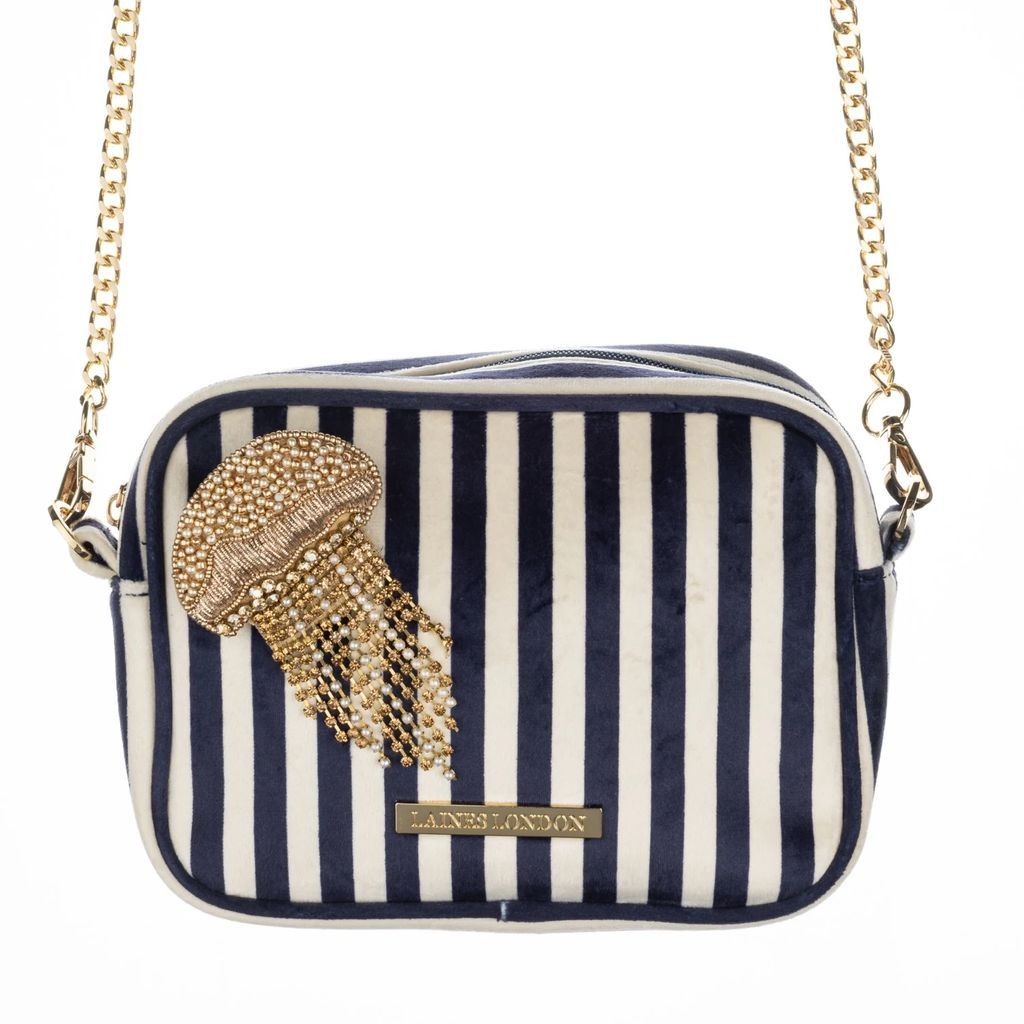 LAINES LONDON - Velvet Handbag With Golden Jellyfish Brooch - Navy & Cream Stripe