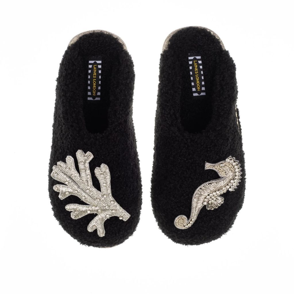 LAINES LONDON - Closed Toe Teddy Towelling Slippers With Silver Seahorse & Coral Brooches - Black