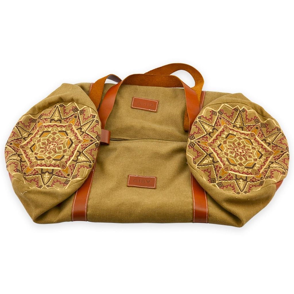 GISY - Earth Mandala Embroidered Canvas & Leather Barrel Bag