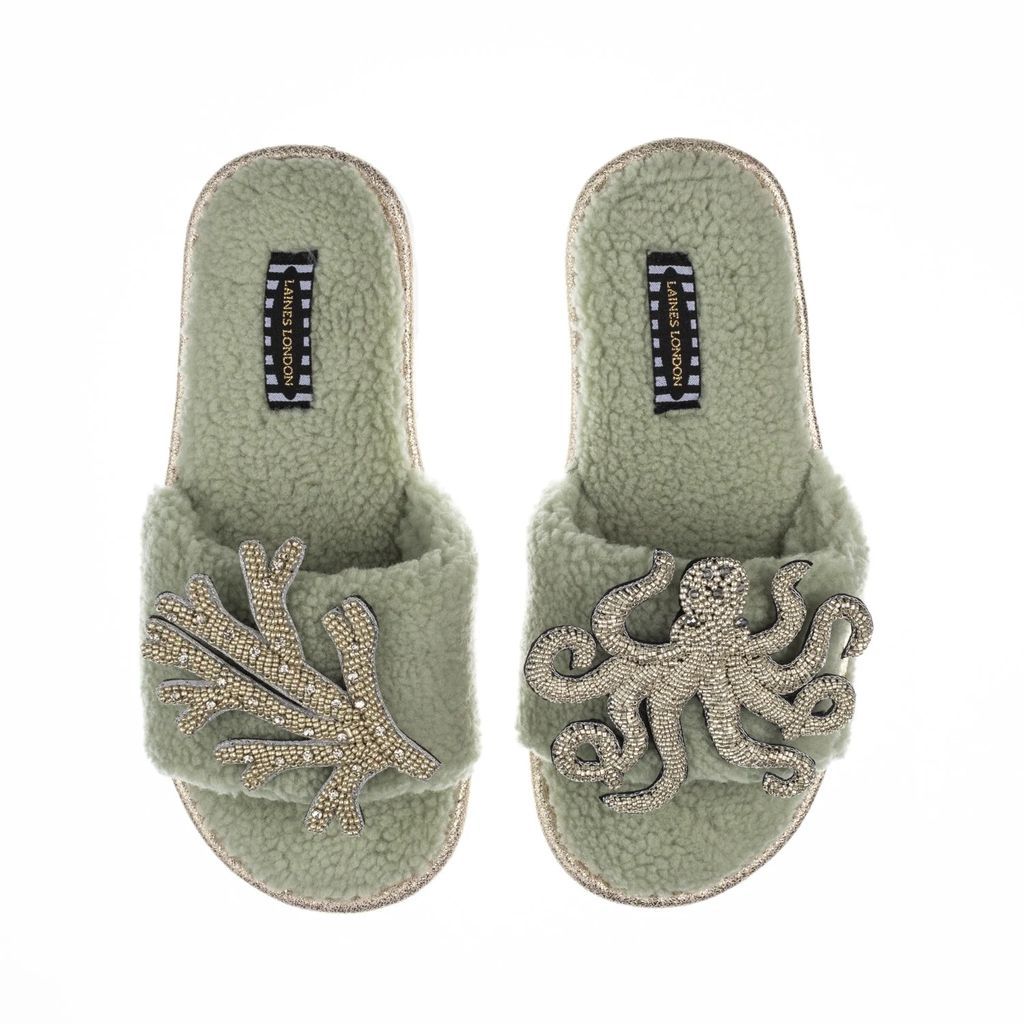 LAINES LONDON - Teddy Towelling Slipper Sliders With Artisan Silver Octopus & Coral Brooches - Sage