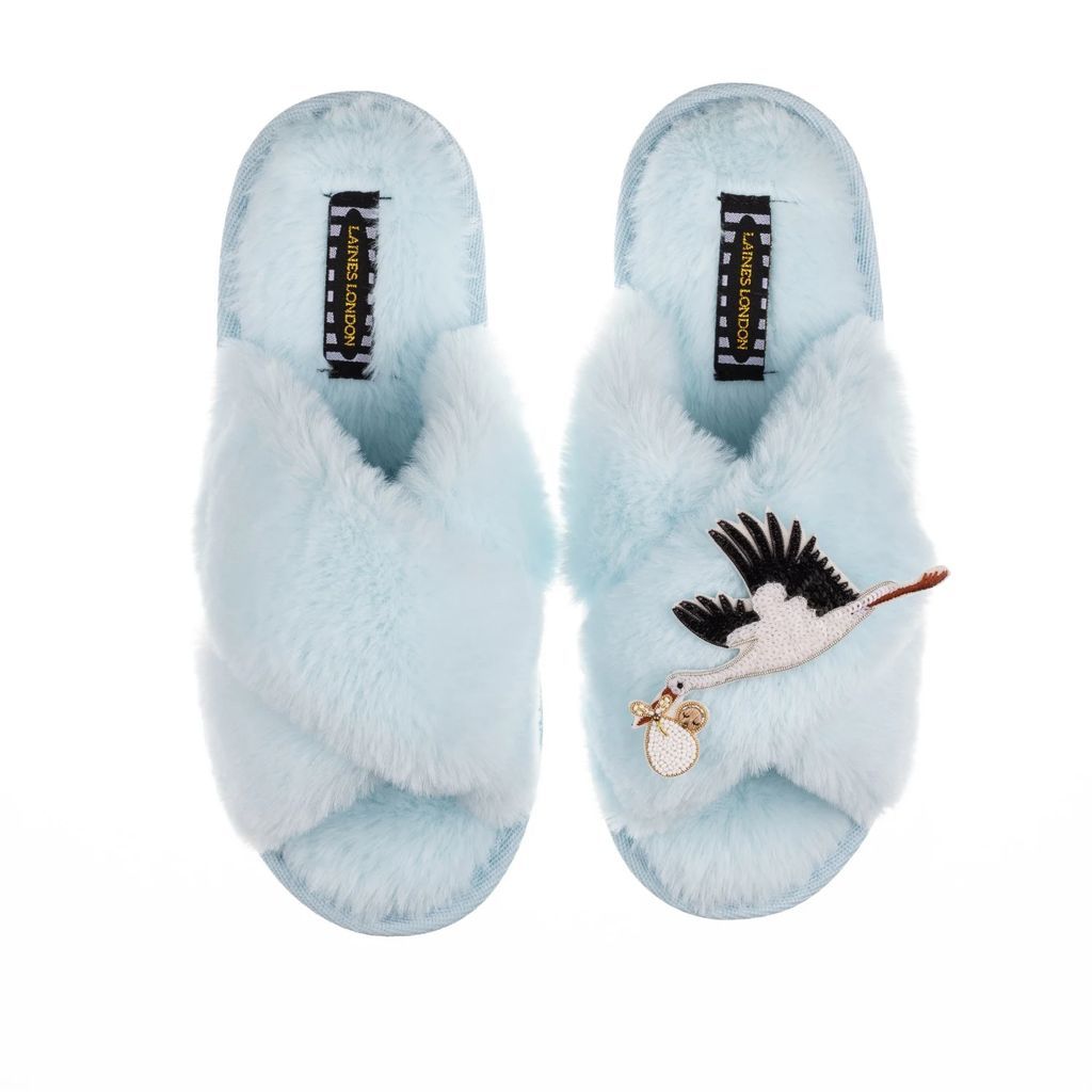 LAINES LONDON - Classic Laines Baby Blue Slippers With Premium Baby Stork Brooch