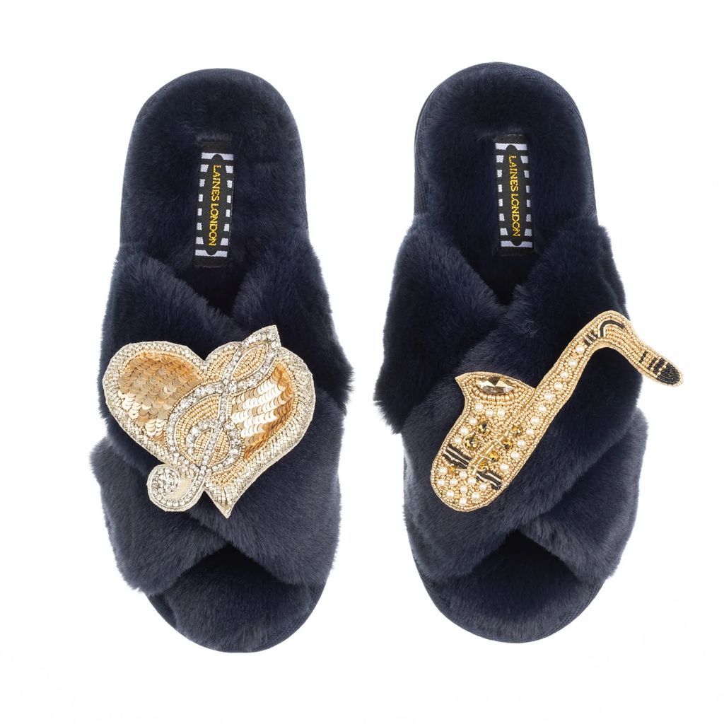 LAINES LONDON - Classic Laines Slippers With Artisan Music Note Heart and Saxophone Brooches - Navy