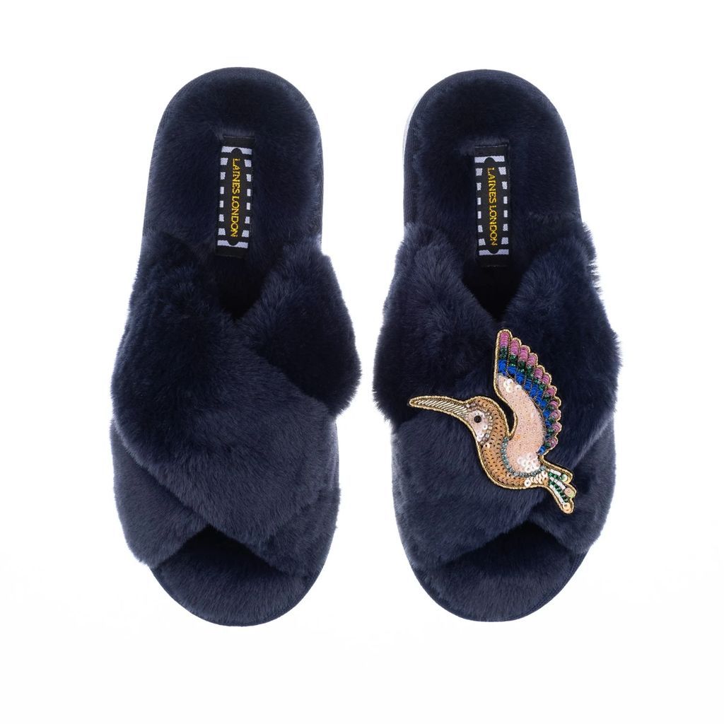 LAINES LONDON - Classic Laines Navy Slippers With Premium Deluxe Hummingbird Brooch