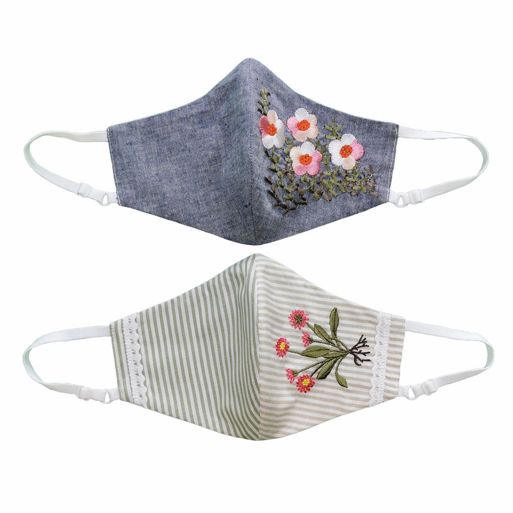 Lalipop Design - Pack Of 2 - Adjustable / Triple Layer Cotton Face Masks With Nose Wire & Flower Embroidery Details