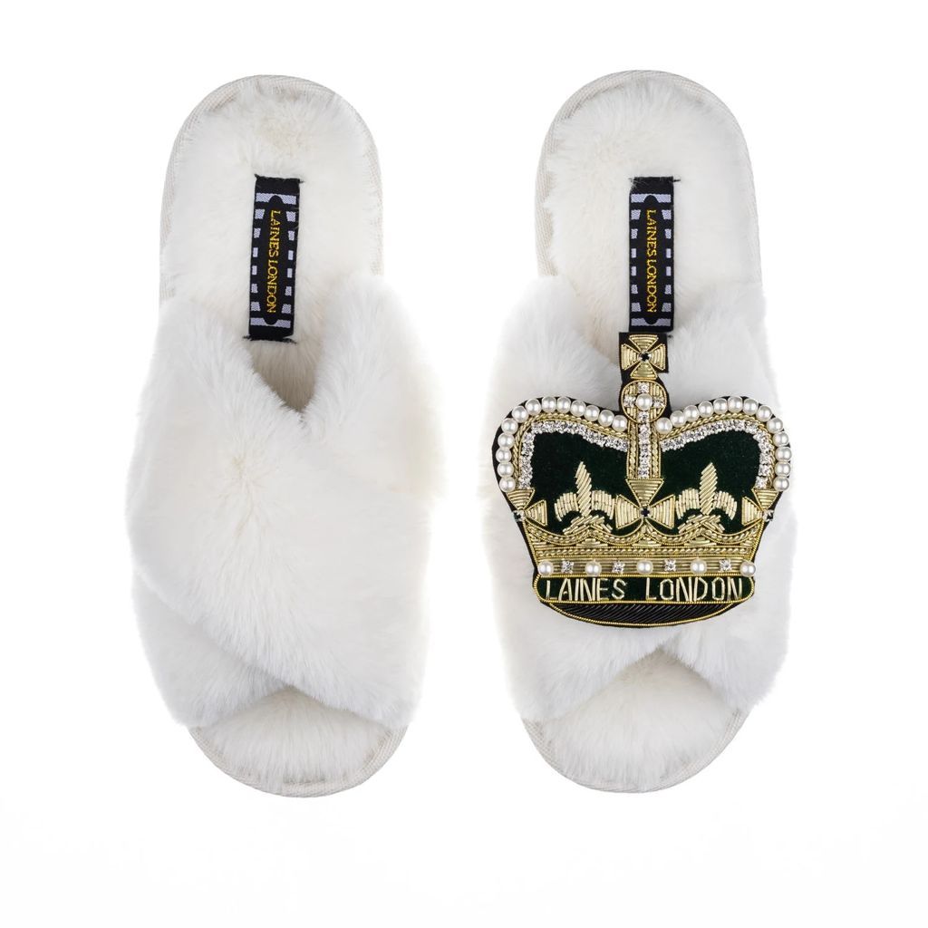 LAINES LONDON - Classic Laines Cream Slippers With Deluxe Artisan Crown Brooch