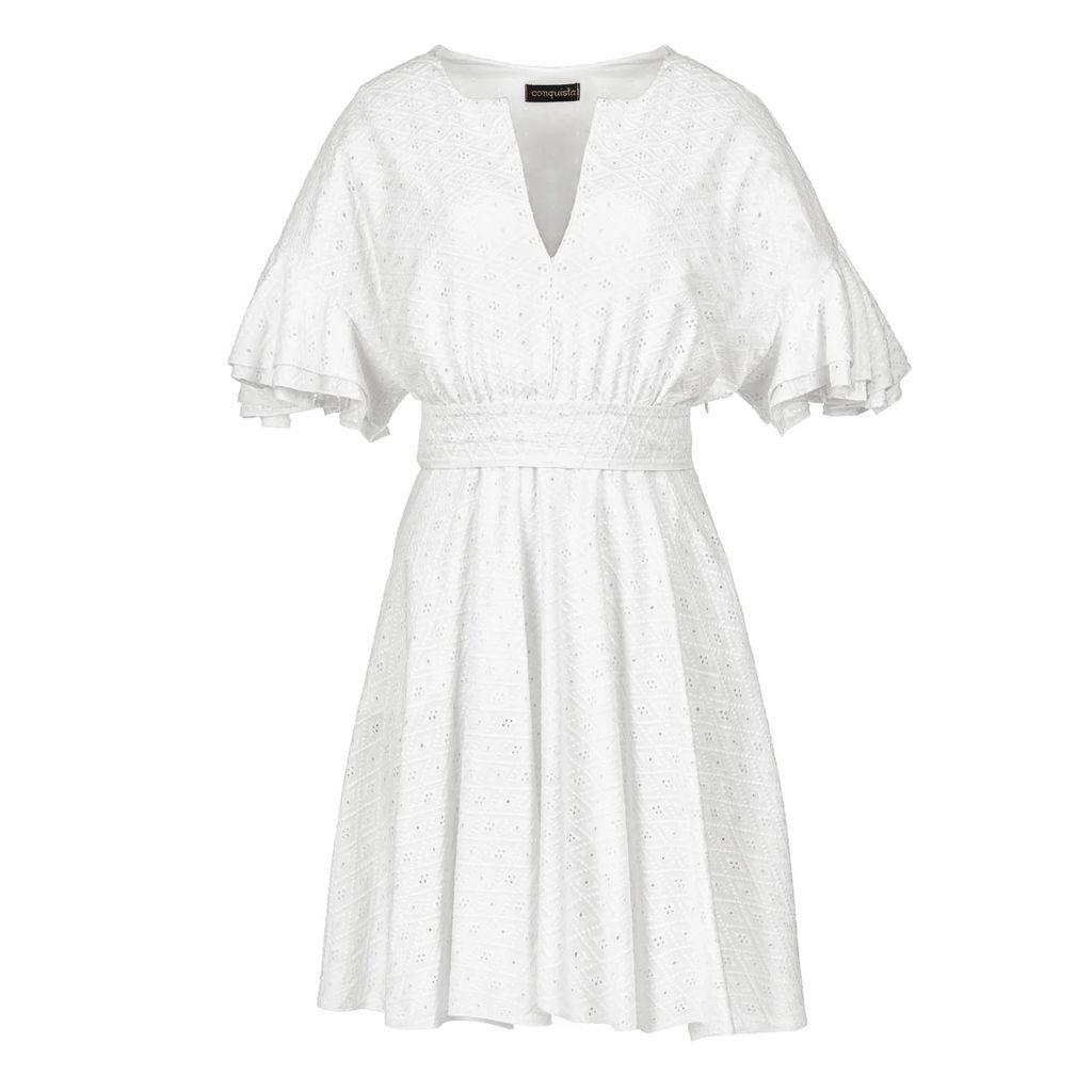 Conquista - White Embroidered Dress With Ruffle Sleeves
