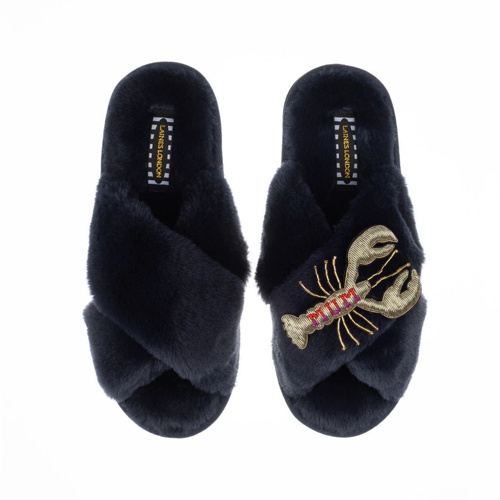 LAINES LONDON - Classic Laines Slippers With Deluxe Artisan Mum Lobster Brooch - Navy