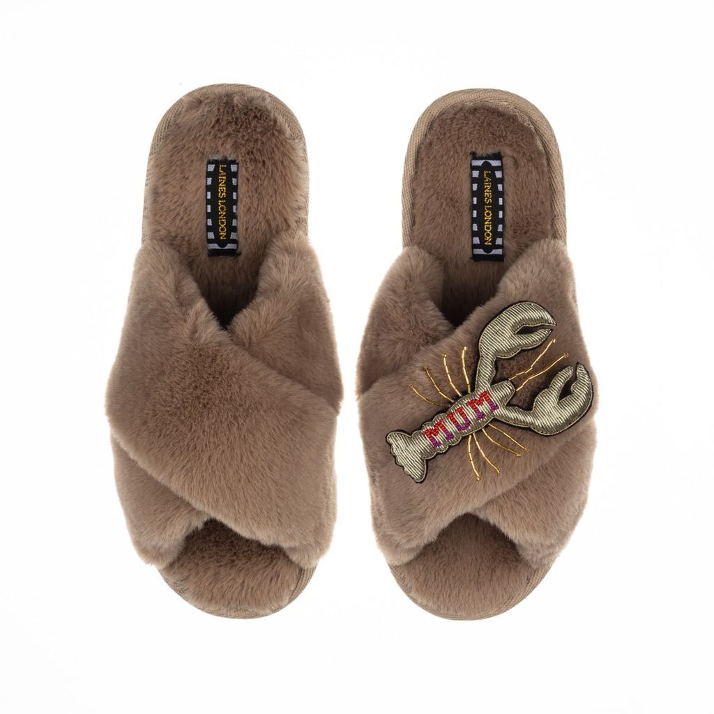 LAINES LONDON - Classic Laines Slippers With Deluxe Artisan Mum Lobster Brooch - Toffee