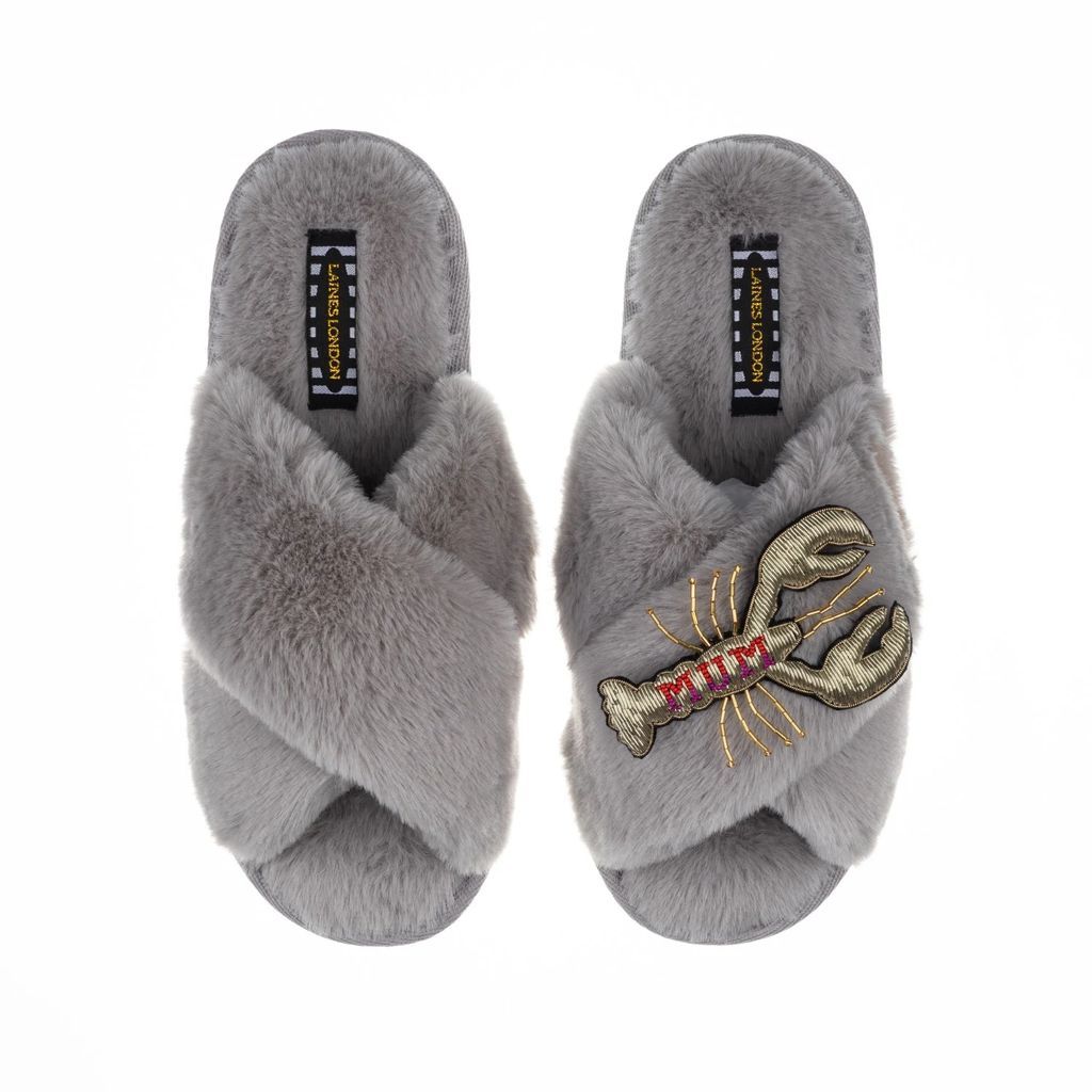 LAINES LONDON - Classic Laines Slippers With Deluxe Artisan Mum Lobster Brooch - Grey