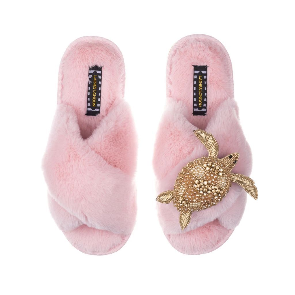 LAINES LONDON - Classic Laines Slippers With Artisan Gold Turtle - Pink